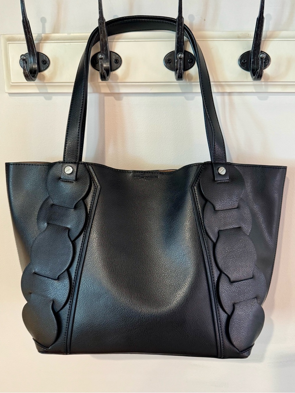Like-New, Danielle Nicole Black Leather Tote Bag with Braided Detail